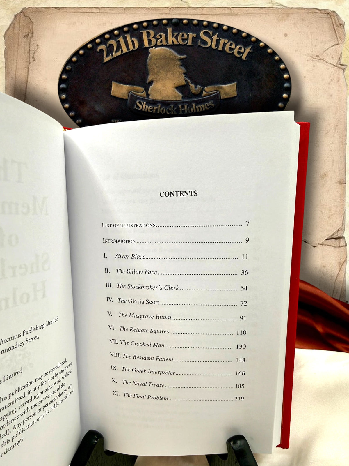 Table of contents inside The Memoirs of Sherlock Holmes hardcover listing eleven detective stories, including Silver Blaze, The Musgrave Ritual, and The Final Problem.