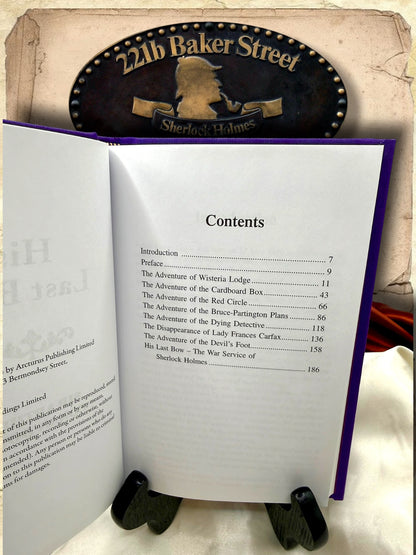 Table of contents inside His Last Bow by Arthur Conan Doyle, listing eight Sherlock Holmes stories including Wisteria Lodge, The Bruce-Partington Plans, and His Last Bow.
