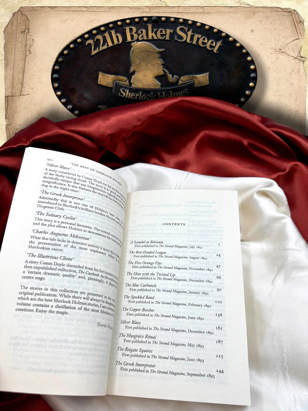 Interior contents pages of The Best of Sherlock Holmes showing selected Arthur Conan Doyle stories including A Scandal in Bohemia, The Red-Headed League, and The Speckled Band.