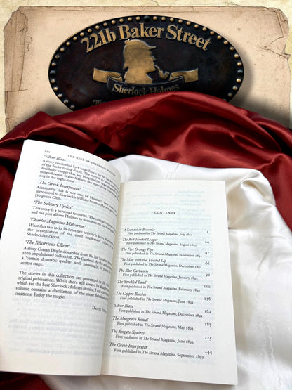 Interior contents pages of The Best of Sherlock Holmes showing selected Arthur Conan Doyle stories including A Scandal in Bohemia, The Red-Headed League, and The Speckled Band.