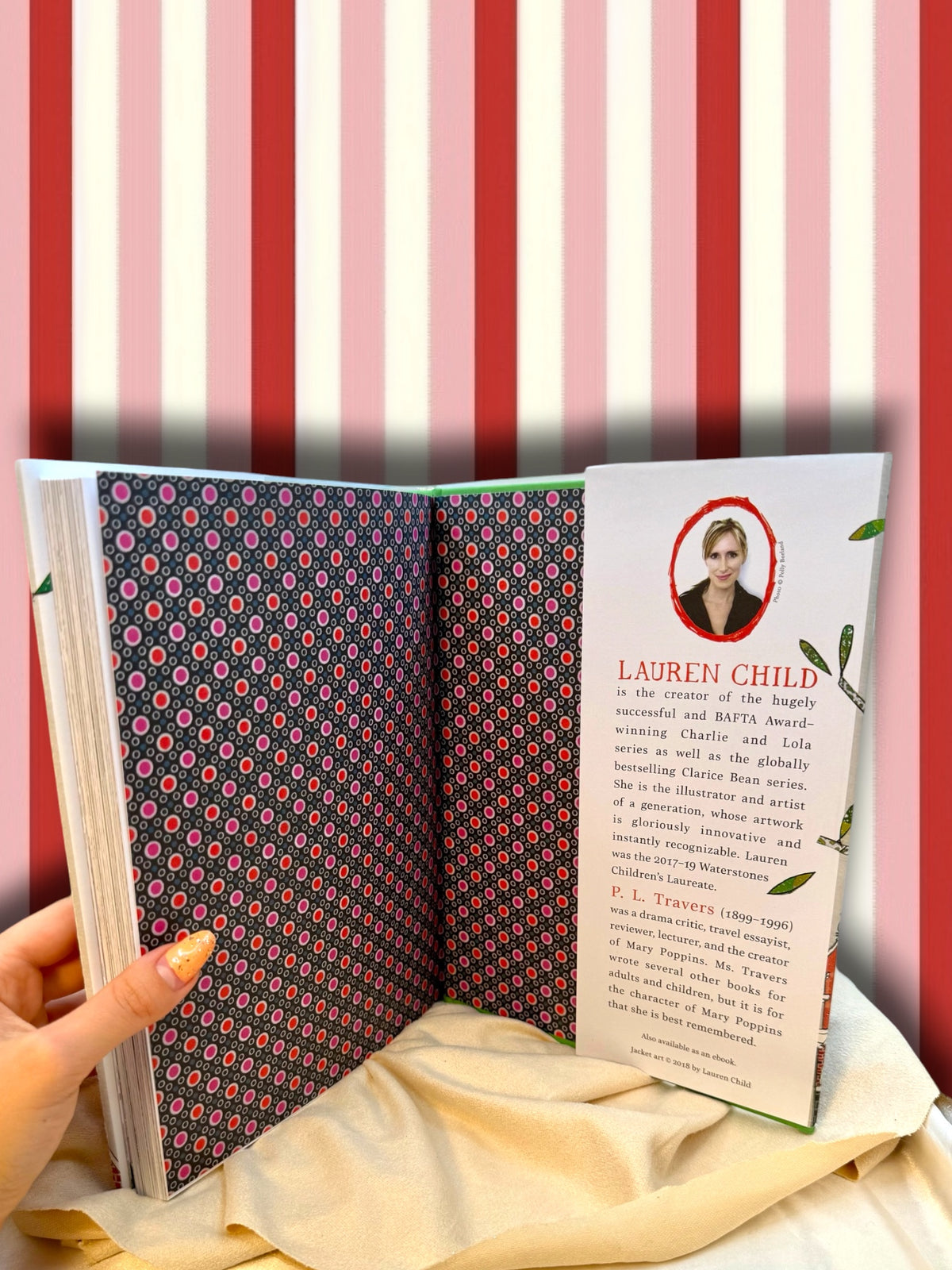 Mary Poppins illustrated Gift Edition opened to its back decorative endpapers, featuring Lauren Child on the back book flap.