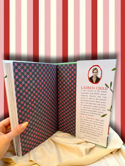 Mary Poppins illustrated Gift Edition opened to its back decorative endpapers, featuring Lauren Child on the back book flap.