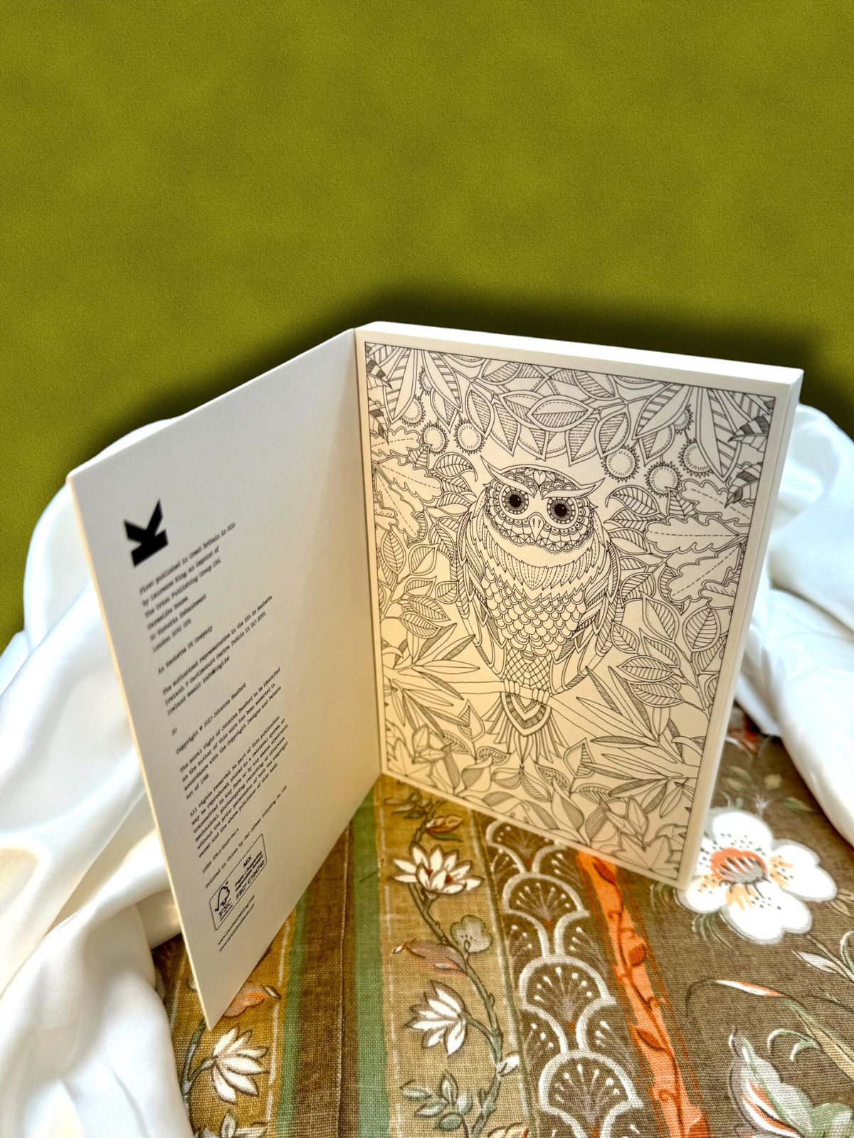 Secret Garden by Johanna Basford opened to reveal intricate black-and-white botanical illustrations on detachable coloring postcards.
