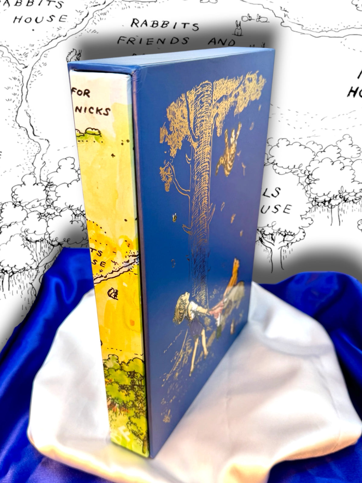 Winnie-the-Pooh complete collection slipcased hardcover by A. A. Milne shown at an angle, displaying the illustrated blue cover and spine on satin fabric.