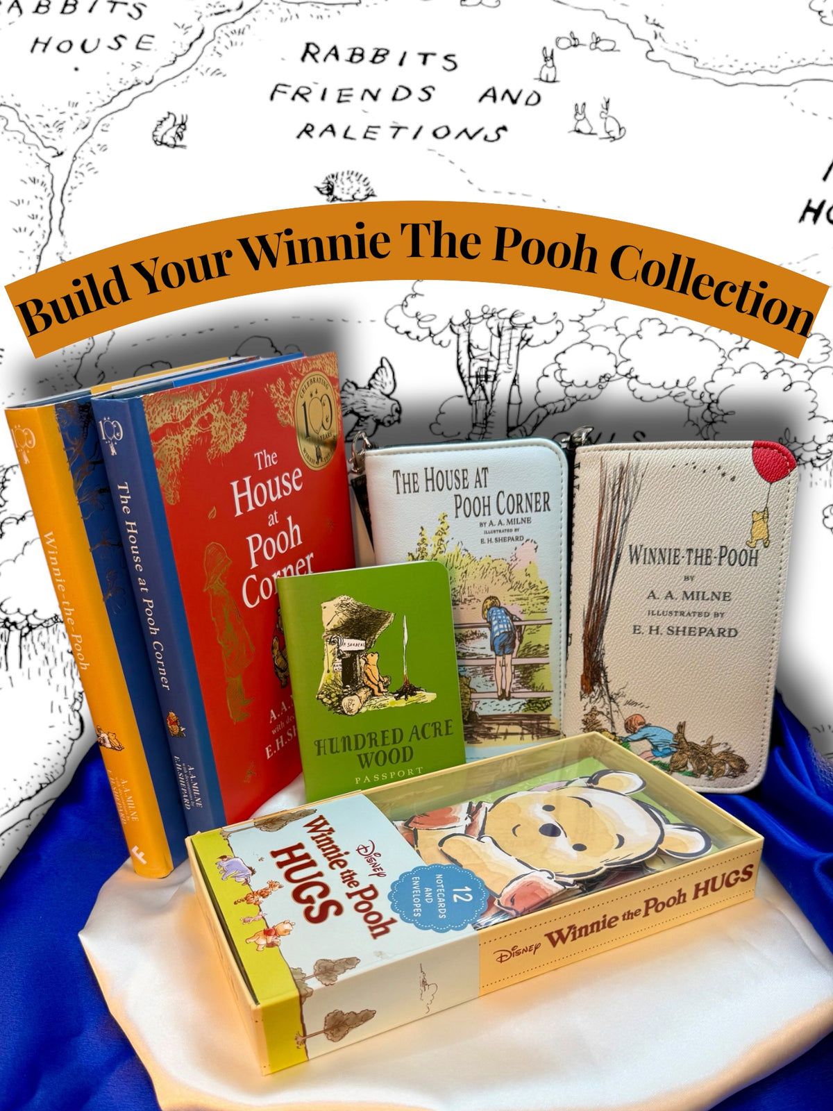Build Your Winnie-the-Pooh Collection at StoryGiftStudio™ featuring A. A. Milne books, illustrated book wallets, Hundred Acre Wood Passport, and Winnie the Pooh Hugs set. Items sold separately.