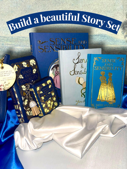 Build a beautiful story set of Sense and Sensibility by Jane Austen displayed with other literary books and gifts in a StoryGiftStudio™ Jane Austen-inspired collection arrangement.