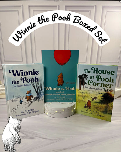 Winnie-the-Pooh and The House at Pooh Corner hardcover boxed set displayed in a StoryGiftStudio literary scene with coordinating Pooh decorations.