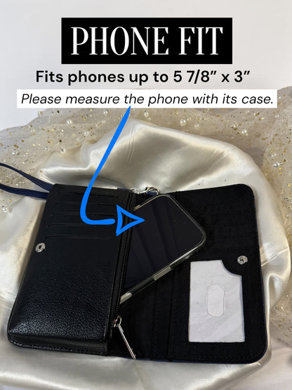 Open book wallet showing smartphone fit up to 5 7/8 by 3 inches with phone case included in measurement.
