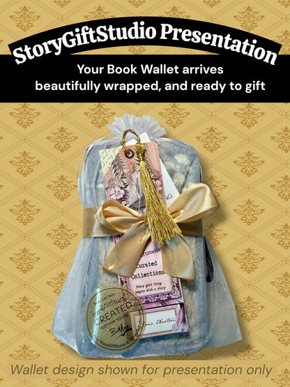 StoryGiftStudio Book Wallet gift presentation with organza wrapping, gold satin ribbon, tassel, and curated collection tags, ready for gift giving.