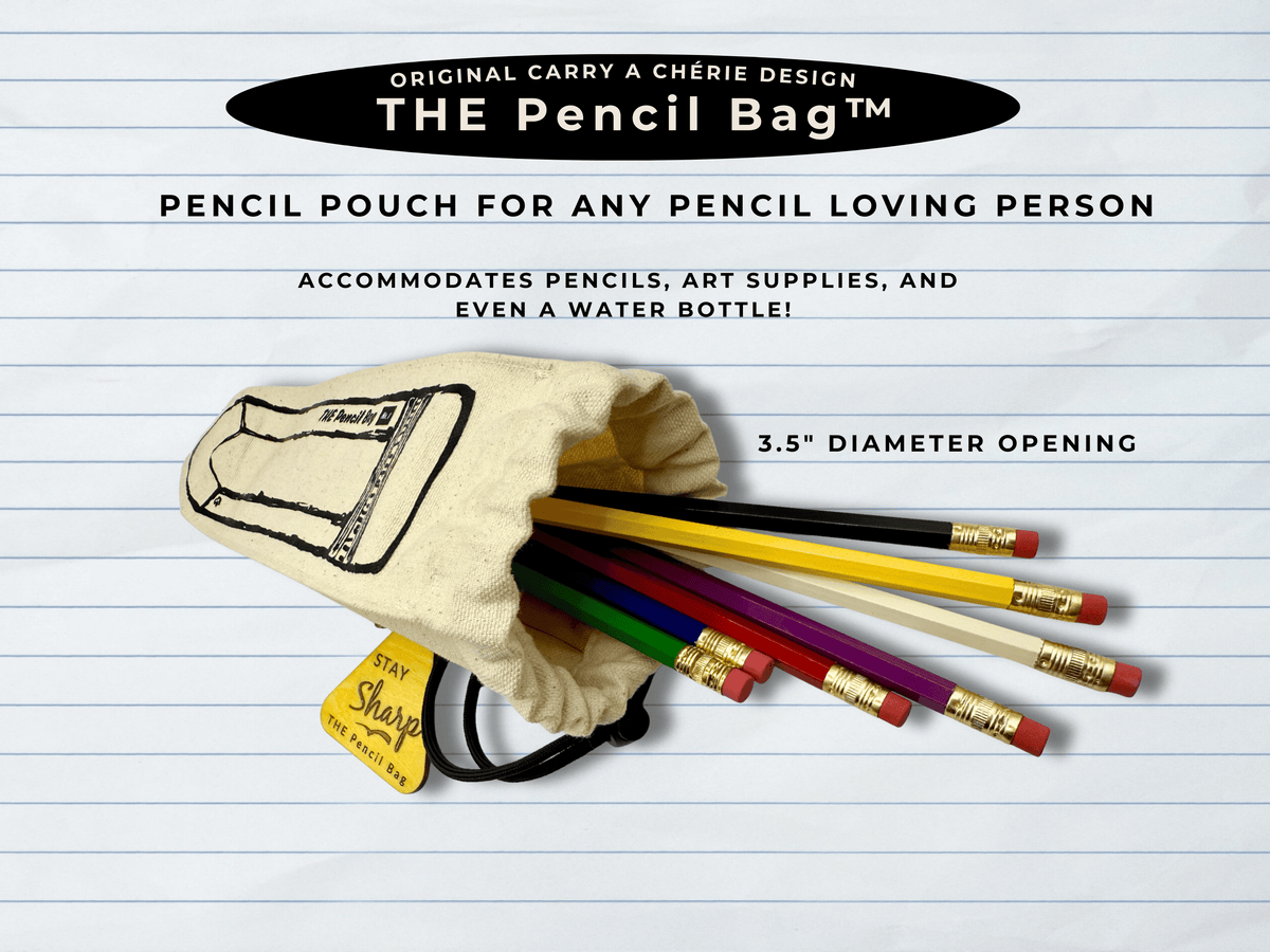 Pencil bag with pencils on a lined paper background