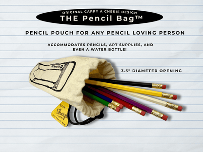 Pencil bag with pencils on a lined paper background