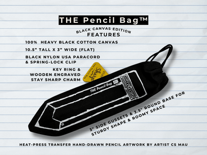 Black canvas pencil bag with features listed on a lined notebook paper background