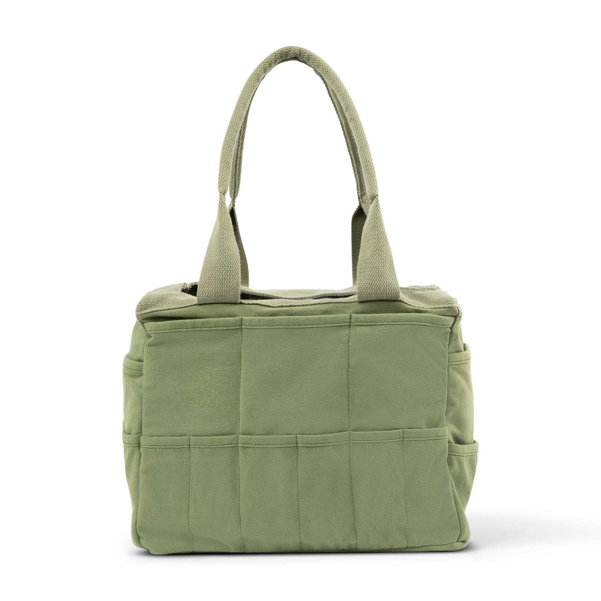 Green quilted tote bag back on a white background