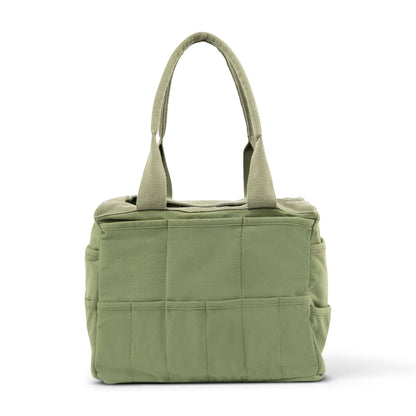 Green quilted tote bag back on a white background