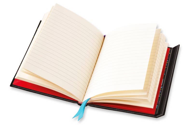 Open Frankenstein journal book with a red interior on a white background