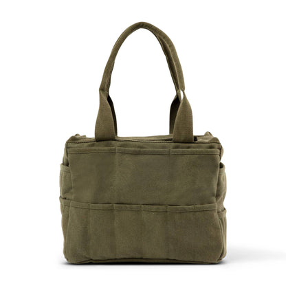 Forest Green Soolla Studio Bag tote bag with multiple pockets on a white background
