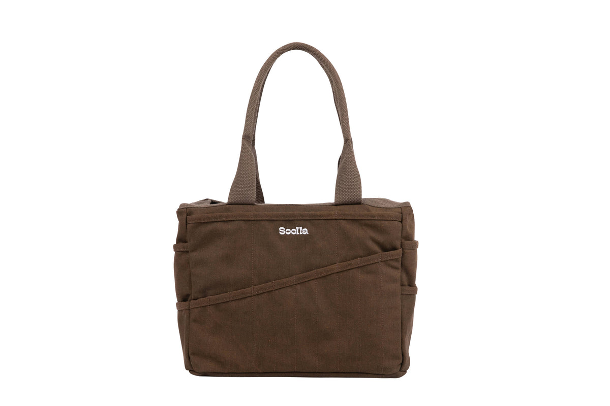 Soolla Studio Bag in Coffee Bean with 30+ pockets and washable canvas. Organize art supplies, pottery tools, knitting, crochet and creative projects.