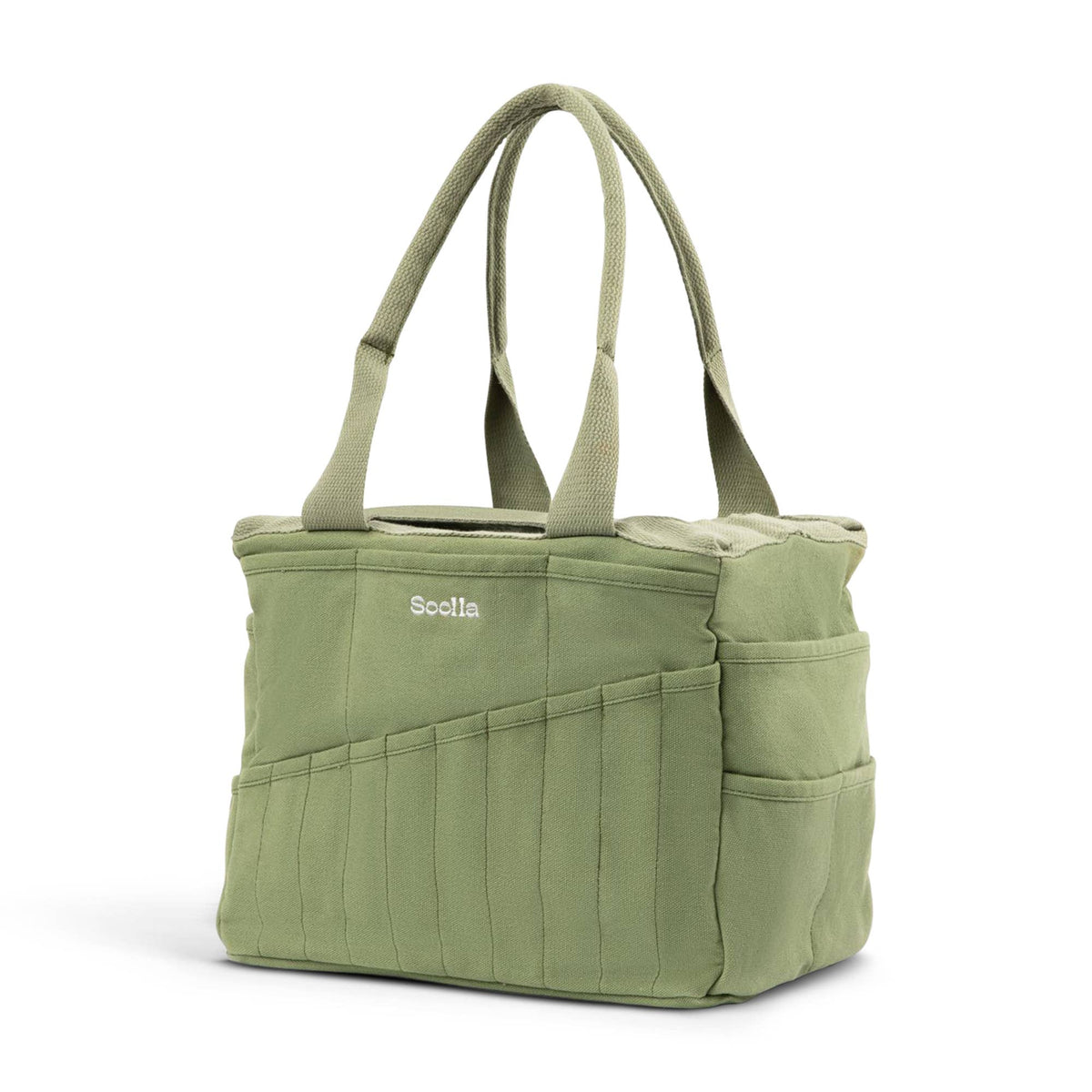 Green tote bag with multiple pockets and a visible brand logo on a white background