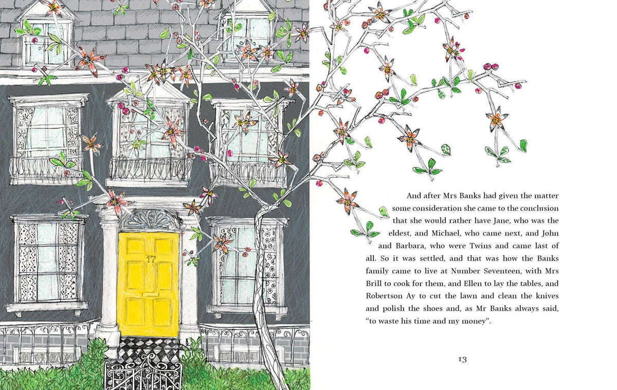 Colorful interior illustration from Mary Poppins Gift Edition by P. L. Travers, showing Lauren Child&