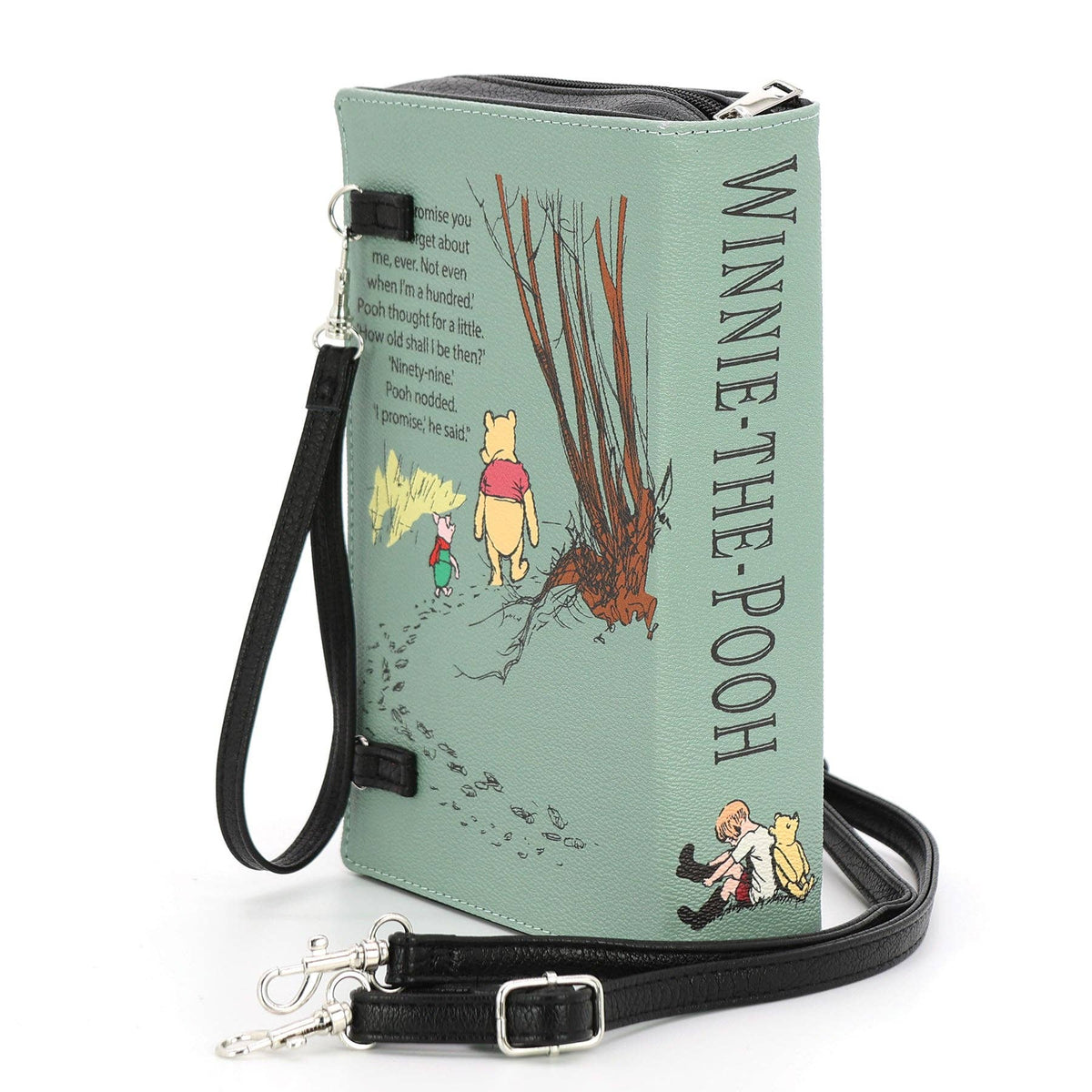 Back of The House at Pooh Corner green book clutch bag showing the illustrated vinyl exterior and book-shaped handbag design.