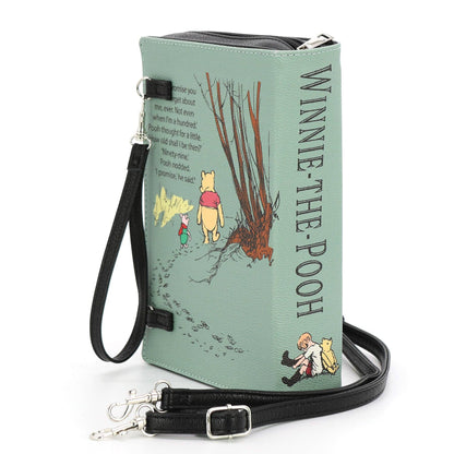 Back of The House at Pooh Corner green book clutch bag showing the illustrated vinyl exterior and book-shaped handbag design.