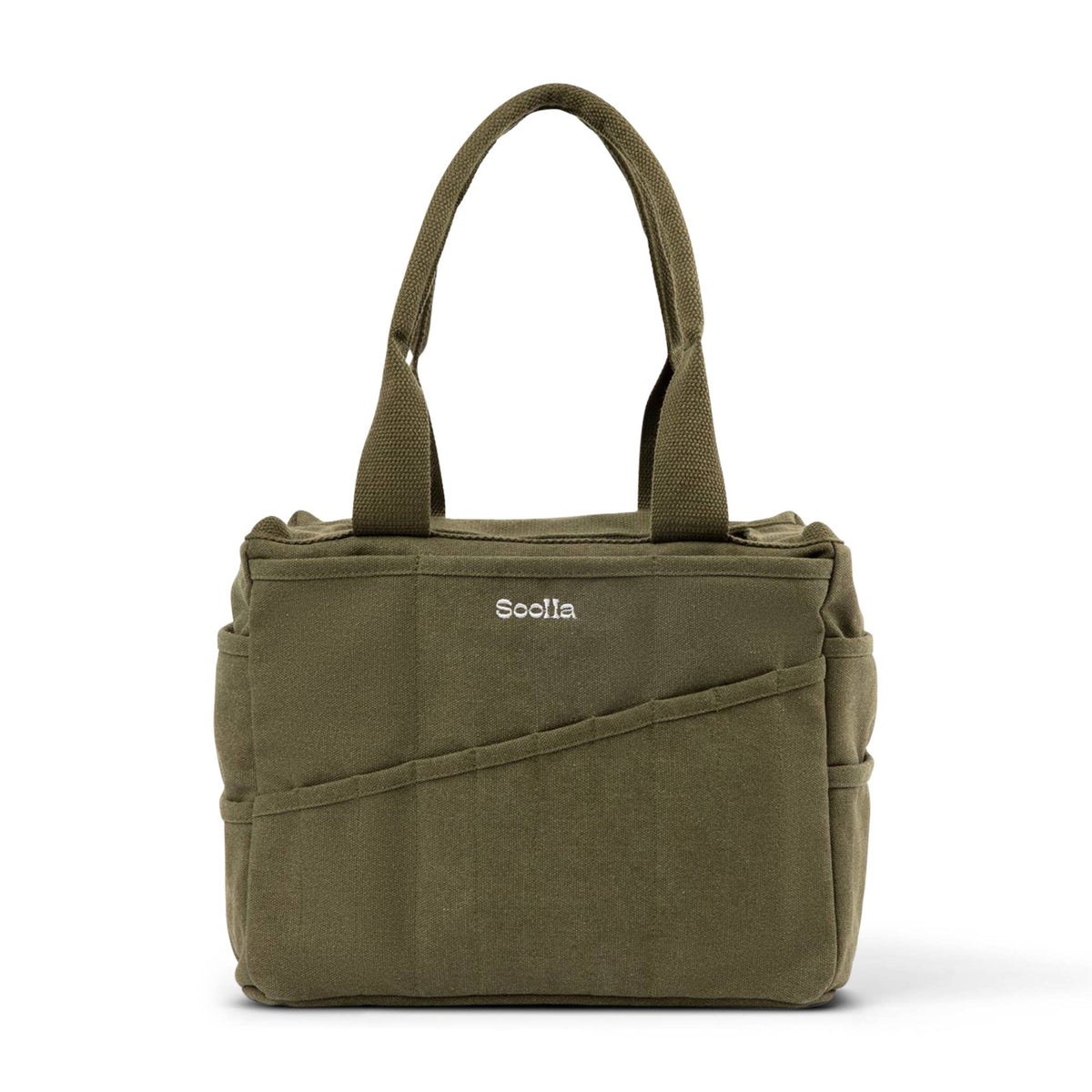 Soolla Studio Bag in Forest Green with 30+ pockets and washable canvas. Organize art supplies, pottery tools, knitting, crochet and creative projects.