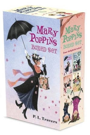 Mary Poppins four-book paperback boxed set by P. L. Travers, illustrated by Mary Shepard, featuring colorful artwork of Mary Poppins with her umbrella.