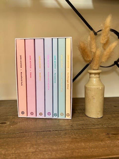 The Jane Austen Collection by Wordsworth Editions, Limited Edition seven-book box set featuring Emma, Mansfield Park, Northanger Abbey, Persuasion, Pride and Prejudice, Sense and Sensibility, and Sanditon sitting on a table