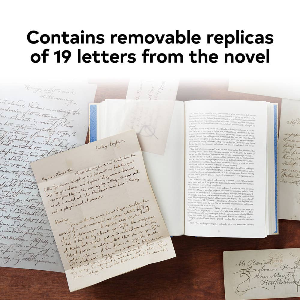 Open book with handwritten text and a letter on a wooden surface, with text overlay about removable replicas of letters from a novel.