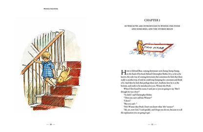 Open pages of Winnie-the-Pooh: The Complete Collection by A. A. Milne showing introductory book information and E. H. Shepard illustrations.