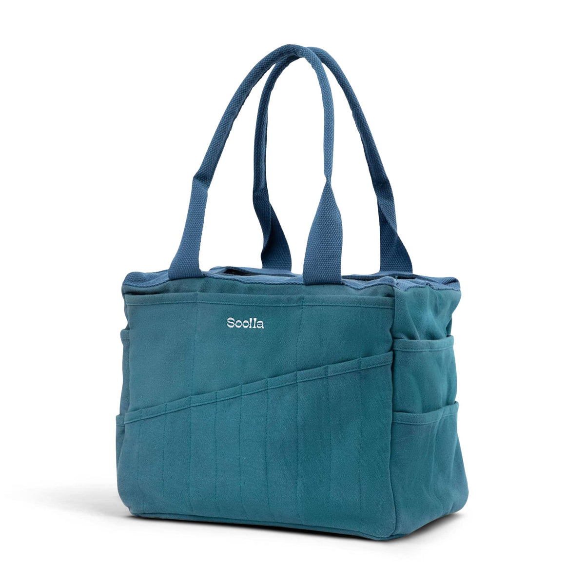 Aquamarine Soolla Studio Artist bag with multiple pockets and a visible brand logo on a white background