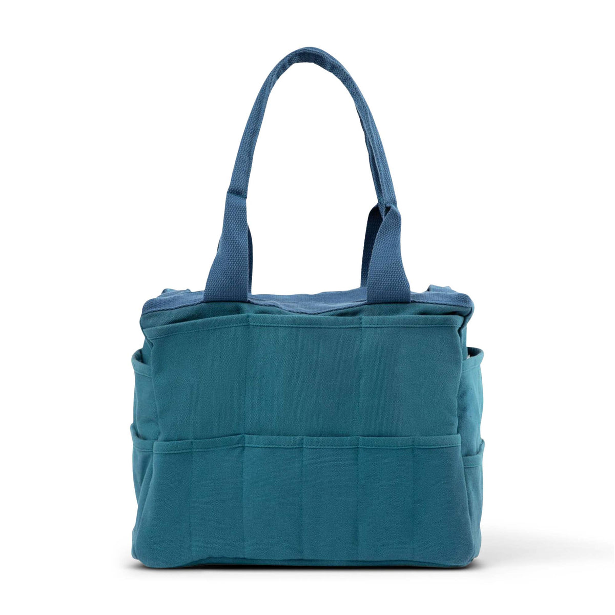 Aquamarine tote bag with multiple pockets on a white background