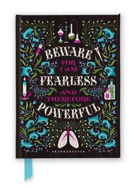 Frankenstein hardcover writing journal illustrated by Jenny Zemanek, featuring an embossed foil-stamped cover, magnetic closure and 176 lined pages.
