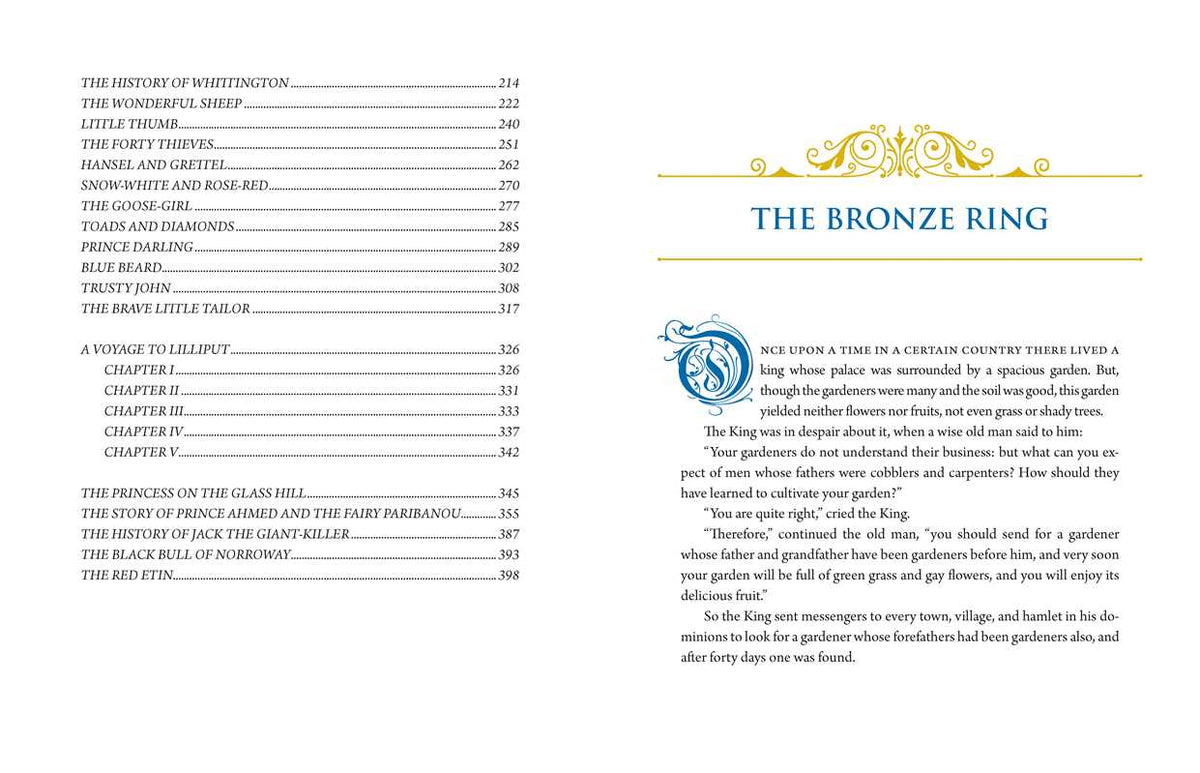 A printed page showing the table of contents on the left and a chapter title page for &