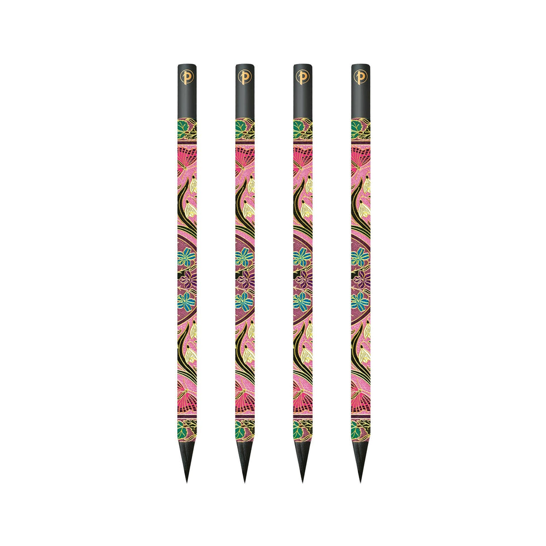 Four black pens with colorful patterns on a white background