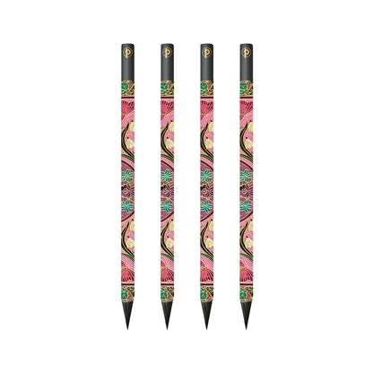 Four black pens with colorful patterns on a white background