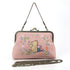 Pink Winnie-the-Pooh and Piglet embroidered kisslock handbag with floral design, antique-style metal clasp, wrist strap, and chain shoulder strap.