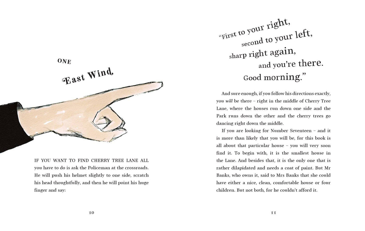 Interior reading page from Mary Poppins Gift Edition showing story text alongside an illustration by Lauren Child.