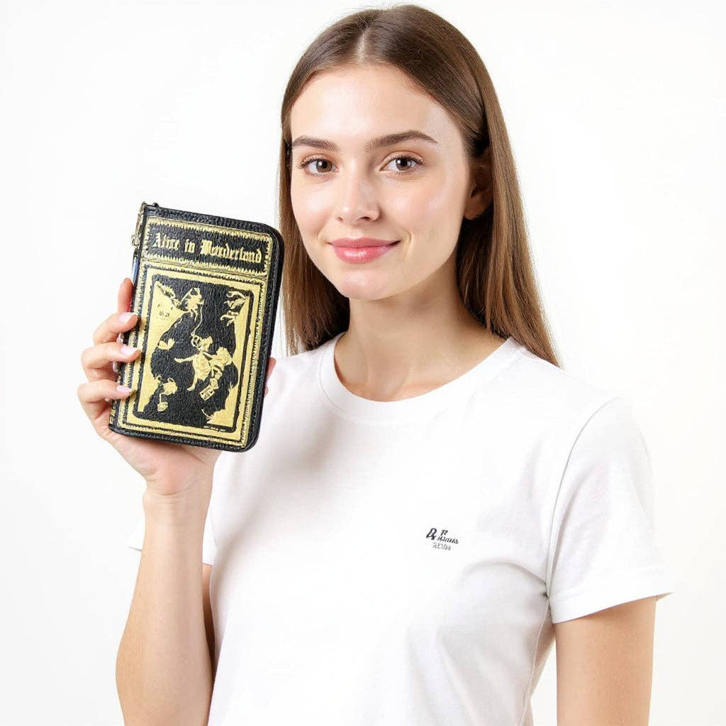 Alice in Wonderland Book Wallet | Black &amp; Gold Literary Gift