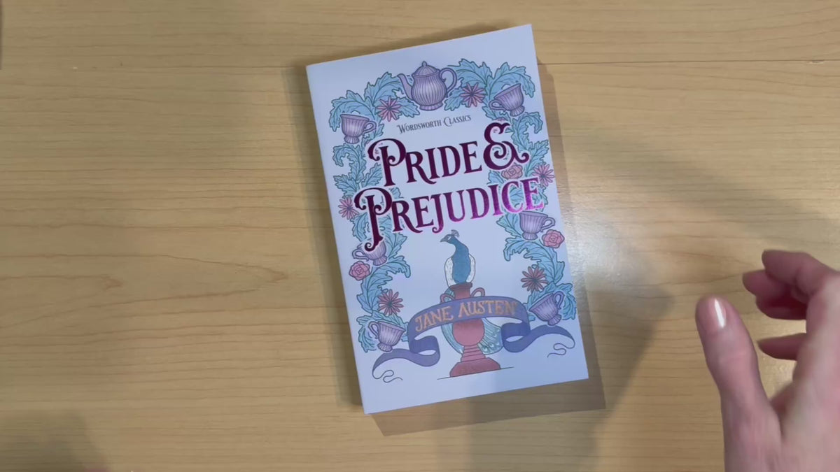 Video showing the Pride and Prejudice Wordsworth Classics paperback held in hand, highlighting its colorful illustrated cover.
