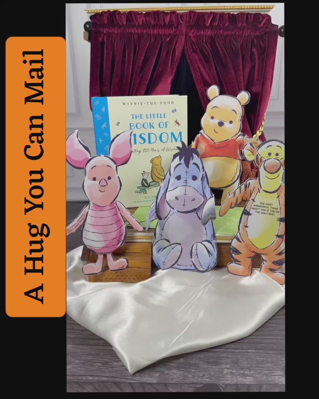 Video showing Disney Winnie the Pooh Hugs stationery set with folding character notecards featuring Pooh, Piglet, Tigger, and Eeyore, demonstrating how the cards open and fold into little hugs.