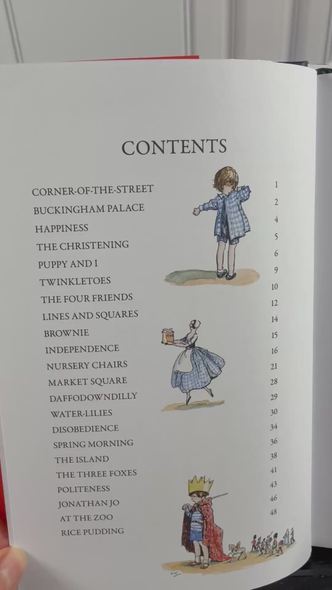 Page-turning video preview of table of contents of When We Were Very Young by A. A. Milne, showing hardcover children&