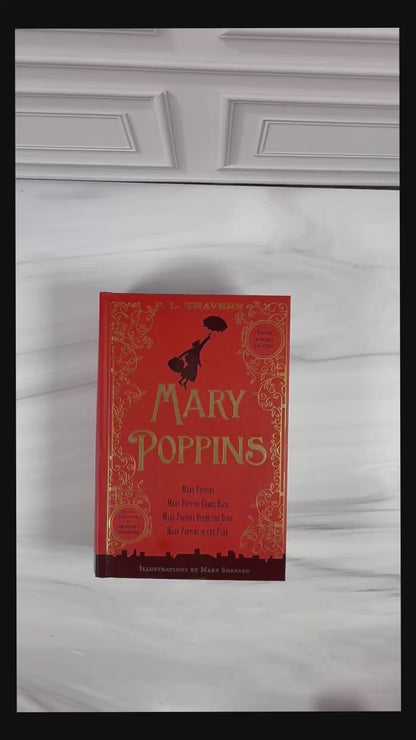 Video presentation of the Mary Poppins Collection hardcover treasury by P. L. Travers, featuring its red cover and substantial four-book binding.